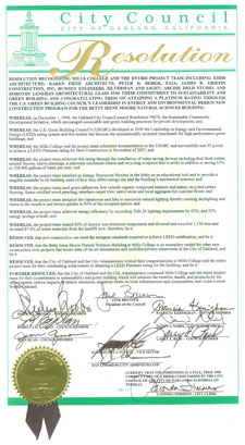 City of Oakland Resolution commending Natural Science Building, Mills College, Oakland CA